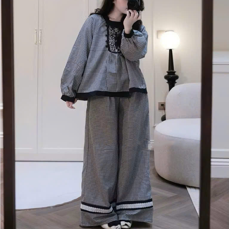Lady Black Checkered Mixed Wide Leg Pants สไตล์แฟชั่นเกาหลี Lady S4546 N