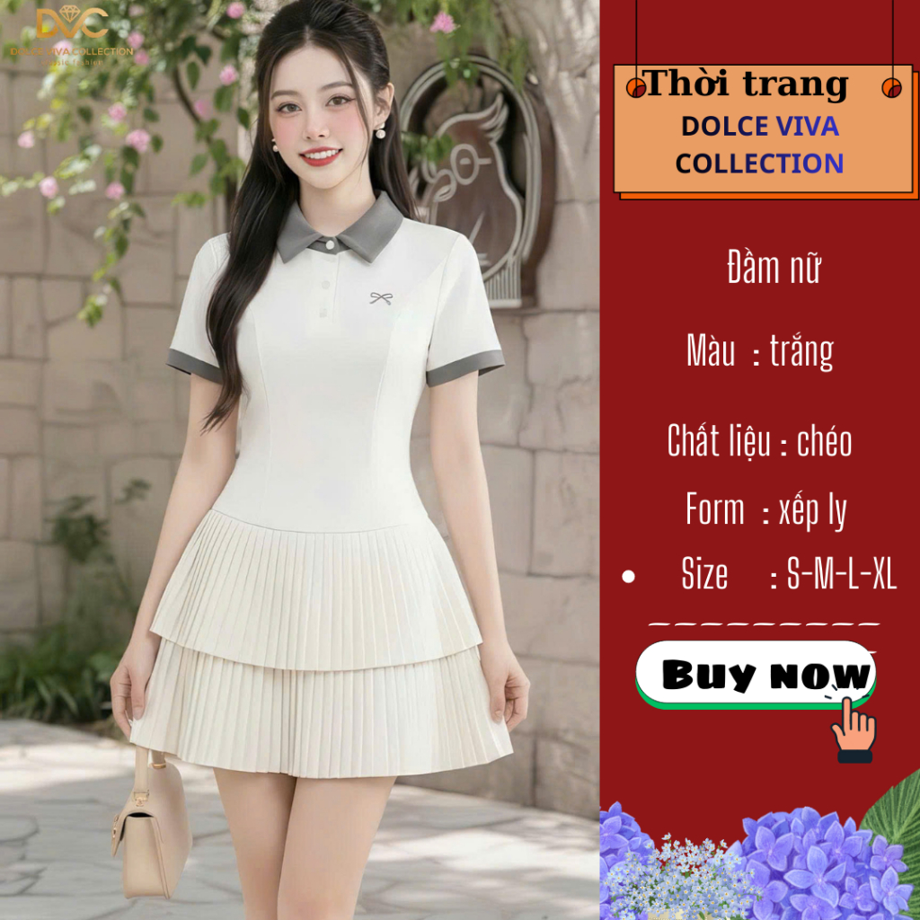 เดรสคอโปโลจีบอ่อนพร้อมกางเกงป้องกันสีขาวครีม 6581 | ชุดเดรสปาร์ตี้ DVC