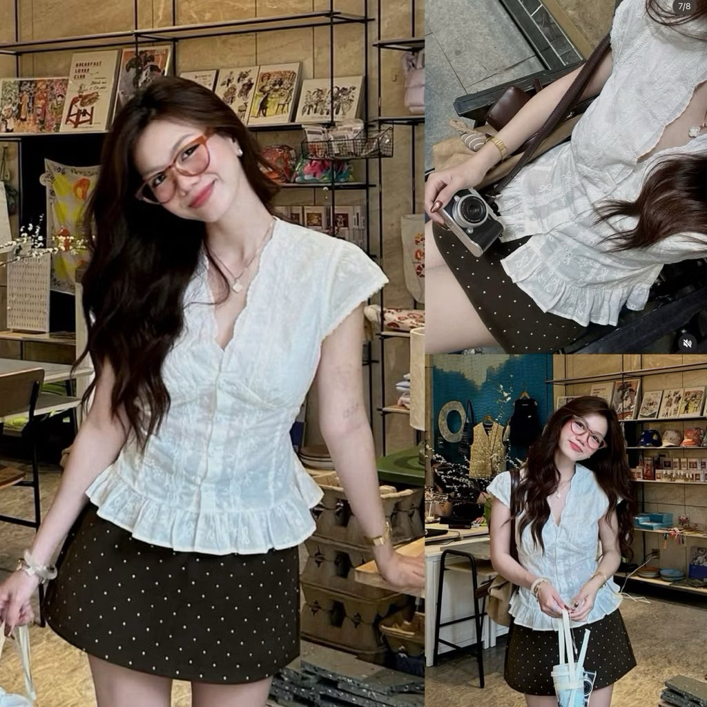 [ใหม่] NEW เสื้อลูกไม้สวยสุดๆพร้อมชายคลื่นและแขนเมือกคอวี ผ่าหน้าอกและซับใน ERI TOP - For Women