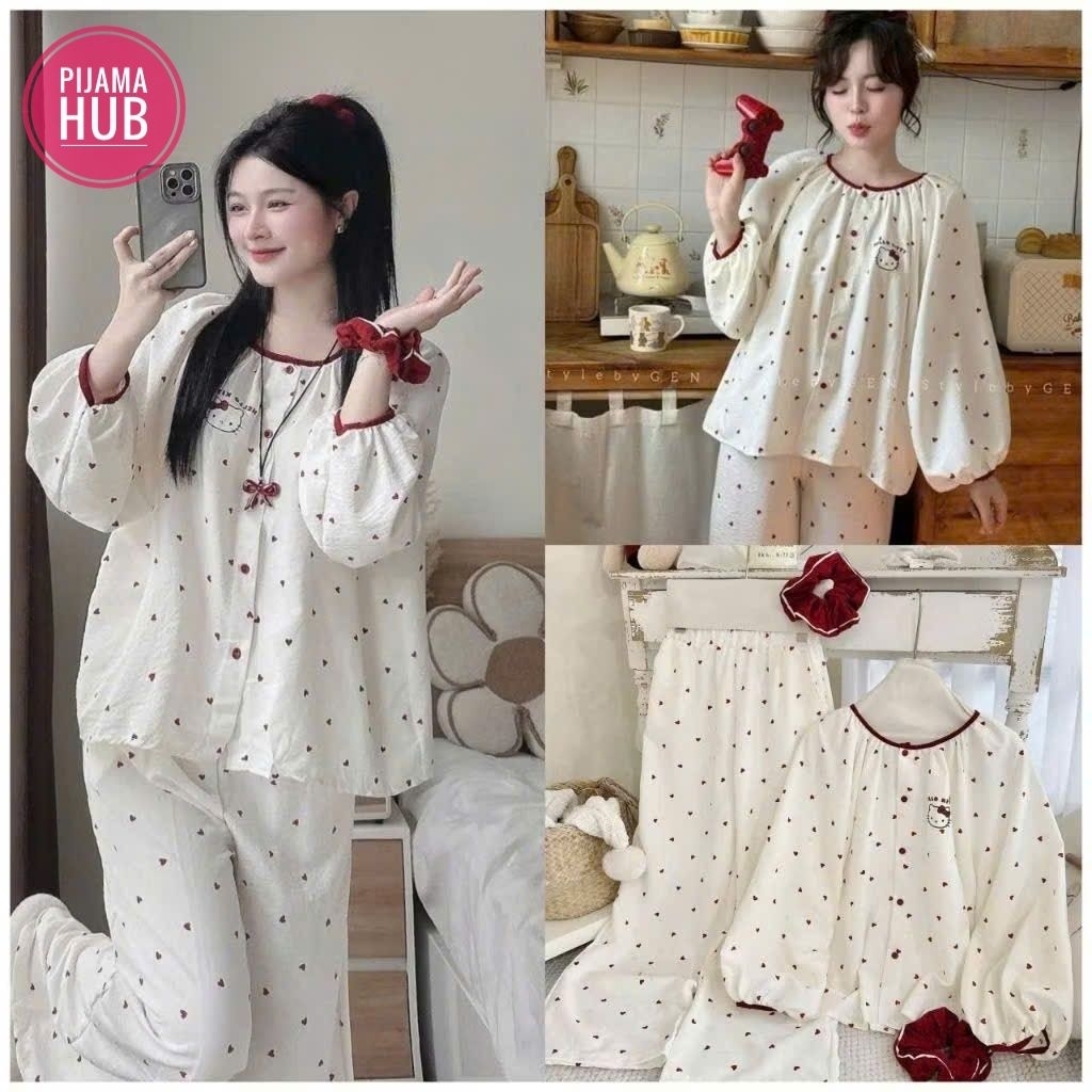 LONG PYJAMA SET ROUND NECK HEART PATTERN SOFT และ COOL