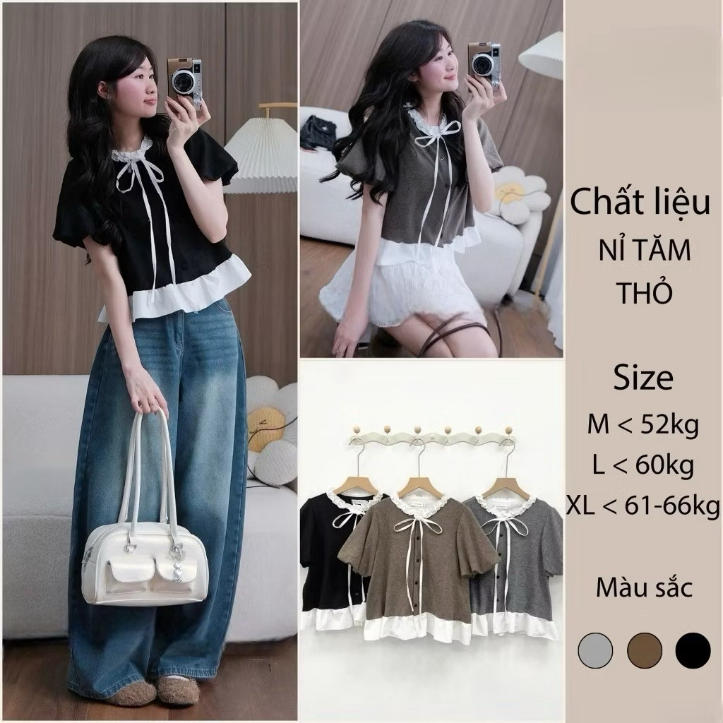 เสื้อยืด BABYDOLL คอปกโบว์และแขนติดกระดุมแนวตั้ง A139