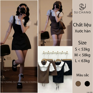 Set Áo Sơ Mi Cổ Phối Ren Tay Chun Bèo Kèm Chân Váy Chữ Su Chang S864 Thời Trang Nữ