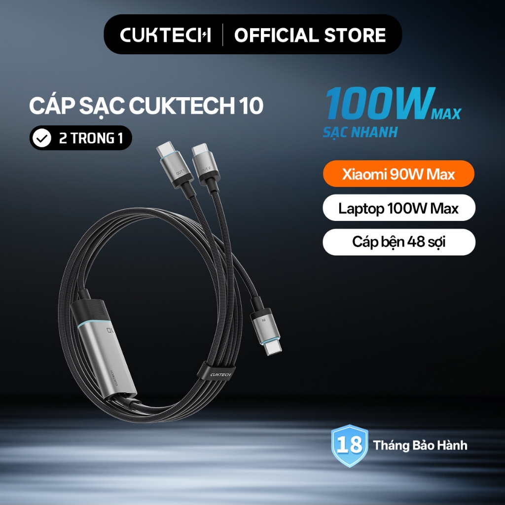 CUKTECH 2 in 1 Fast สายชาร์จ Type-C ถึง Type-C + Type-C 100W Max แล็ปท็อป 100W Xiaomi 90W Max Samsun