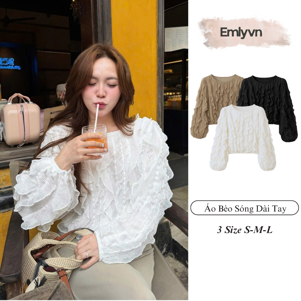 EMLY - เสื้อเบลาส์แขนยาวคลื่นผู้หญิงเกาหลีเสื้อตาข่ายระบายอากาศแบบนุ่มสไตล์เกาหลี