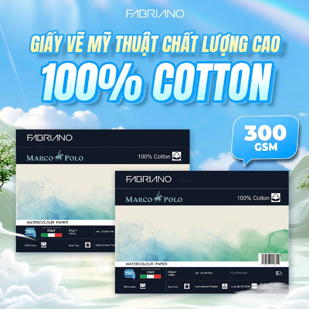 กระดาษสีน้ํา Fabriano Marco Polo 100% Cotton 300gsm