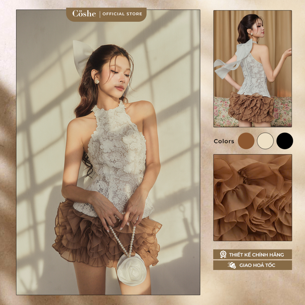 COSHE ICY SKIRT หรือ TOP ลูกไม้คล้องคอ TOP มีโบว์ กระโปรงสั้นชั้นเล็กน้อย ผู้หญิงสําหรับงานปาร์ตี้