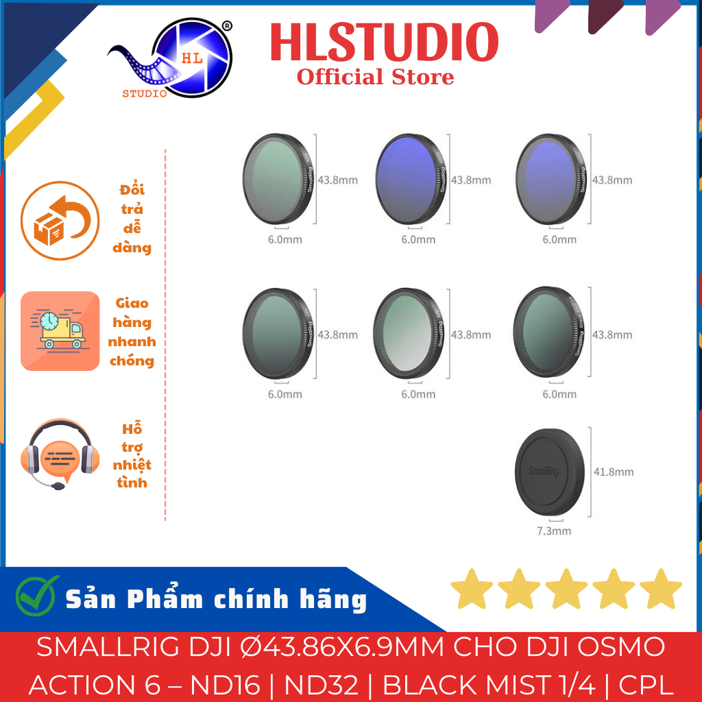 SmallRig DJI Ø43.86x6.9mm สําหรับ DJI Osmo Action 6 – ND16 | ND32 | หมอกดํา 1/4 | สตูดิโอ CPL HL