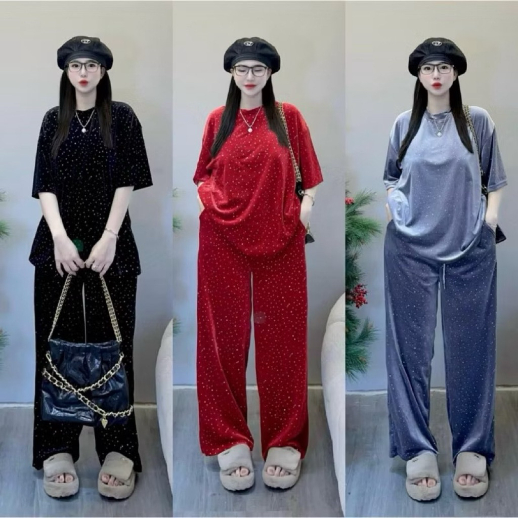 ล869- ชุดเซ็ตกํามะหยี่ประดับพลอยเทียมสุดหรูทรงหลวมเสื้อคอกลมแขนสั้นกางเกงขายาวทรงหลวมมีกระเป๋า