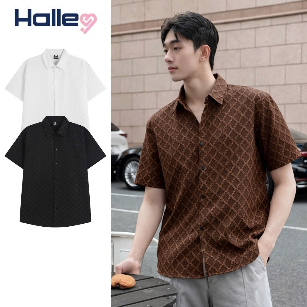 เสื้อเชิ้ตผู้ชายเกาหลีลายทอบล็อก 3ง สุดหรูเสื้อเชิ้ตแขนสั้นเท่และเรียบ Halley A46