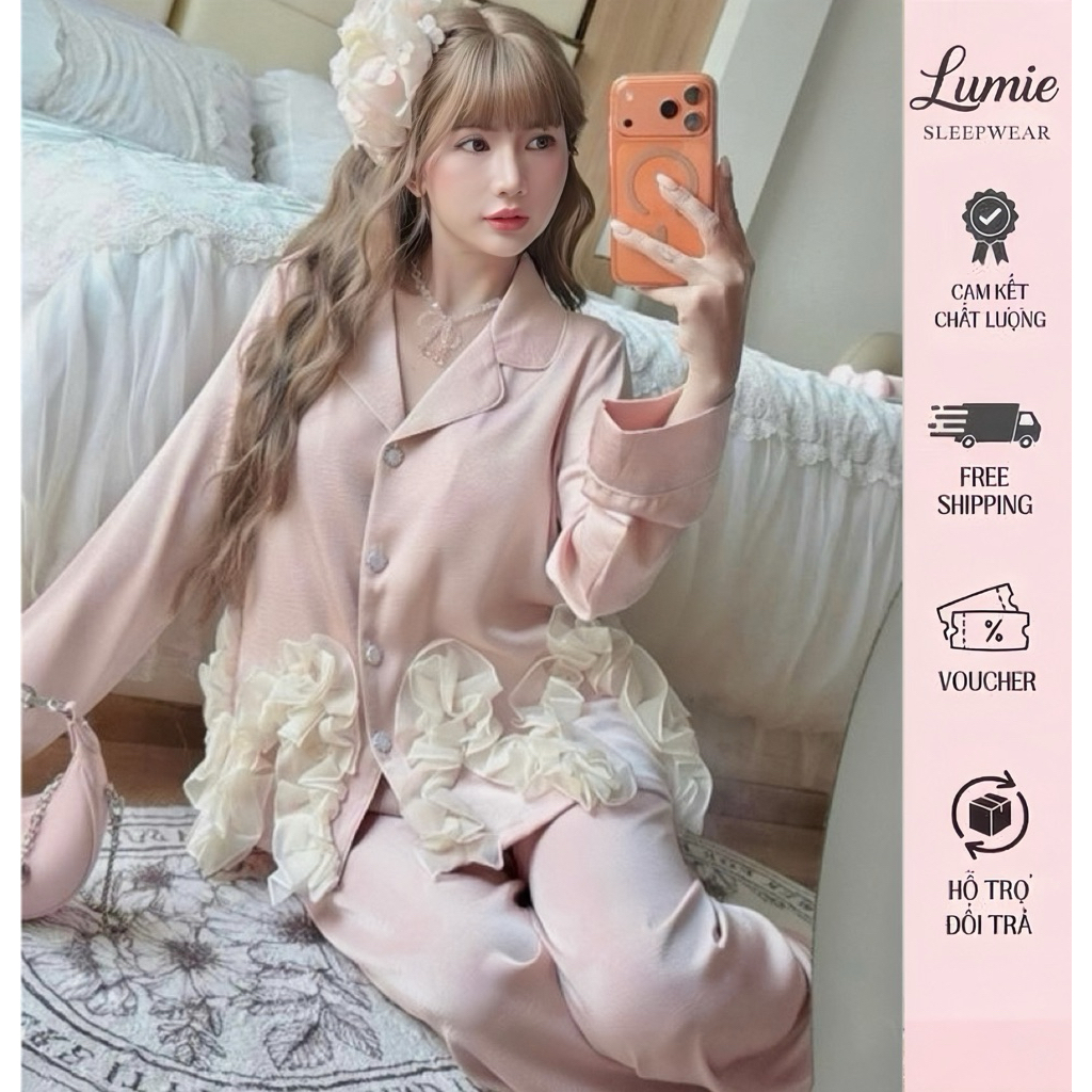N99 - ชุดชุดนอนผ้าไหมและผ้าเรยอนสําหรับผู้หญิงพร้อมชายผ้าชีฟองระบายนุ่มแขนยาวมีกระดุมหยกจากไลลี่ระดั