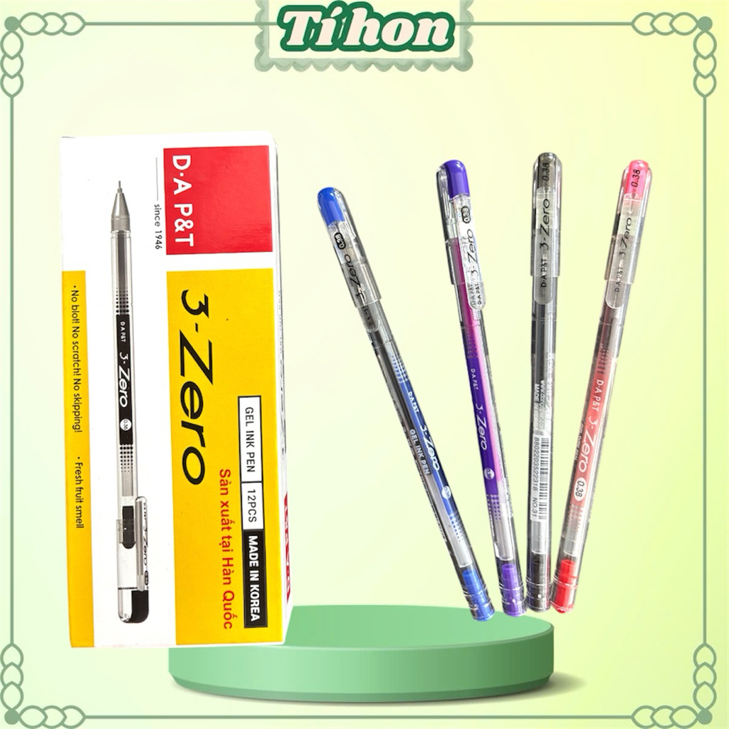 กล่อง 12 ปากกาเจล 3-Zero DA P&T เกาหลี 0.38 มม. (หมึกสีน้ําเงิน/ม่วง/แดง/ดํา)