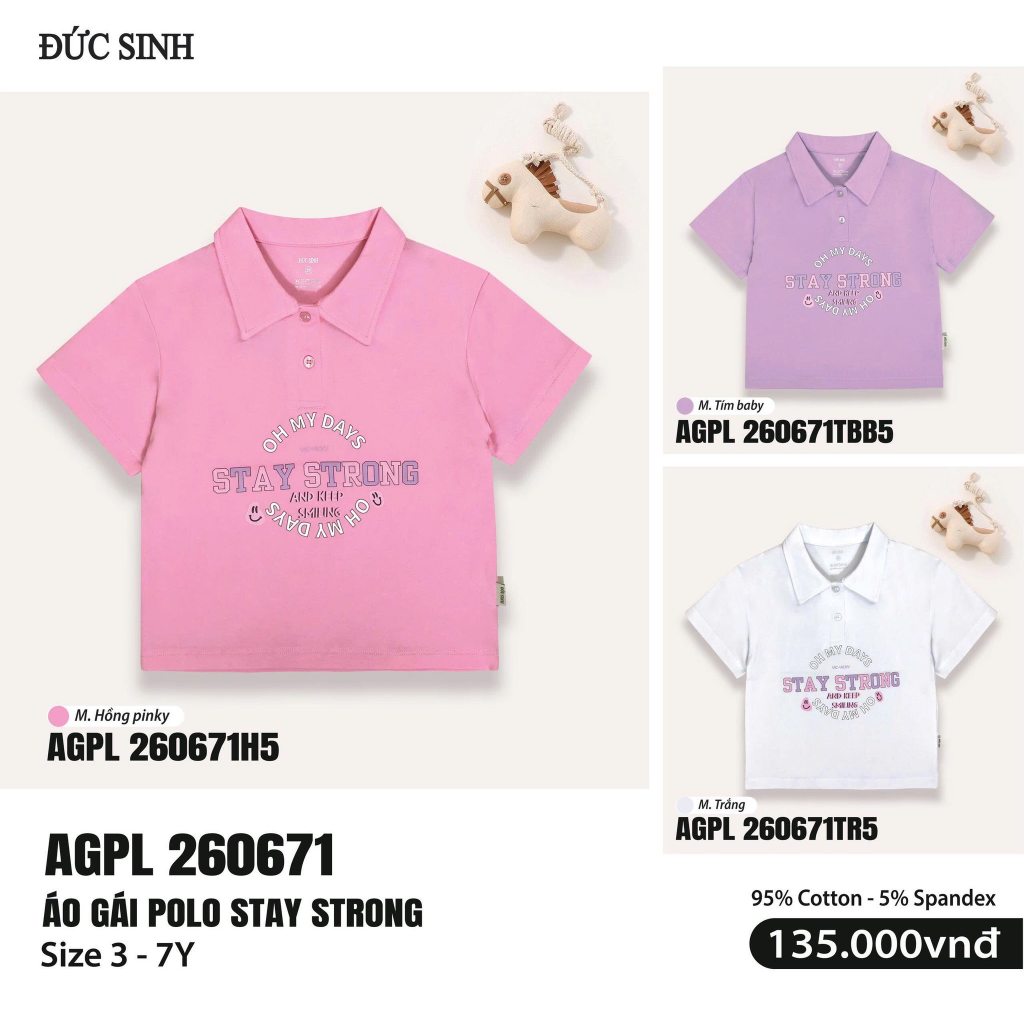 Duc Sinh stay เสื้อโปโลเด็กผู้หญิงแข็งแรงผ้าคอตตอน ไซส์ 3-7 ขวบ
