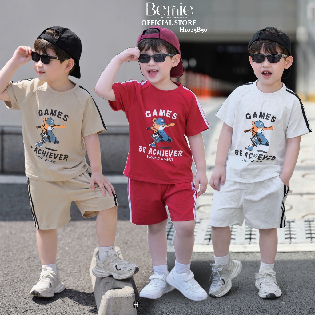 (ผ้าฝ้ายนุ่มและเย็นสบาย) Strong Bernie Bear Games ชุดแขนกุดเด็กชาย - ชุดกีฬา 9-26kg - H1025B50