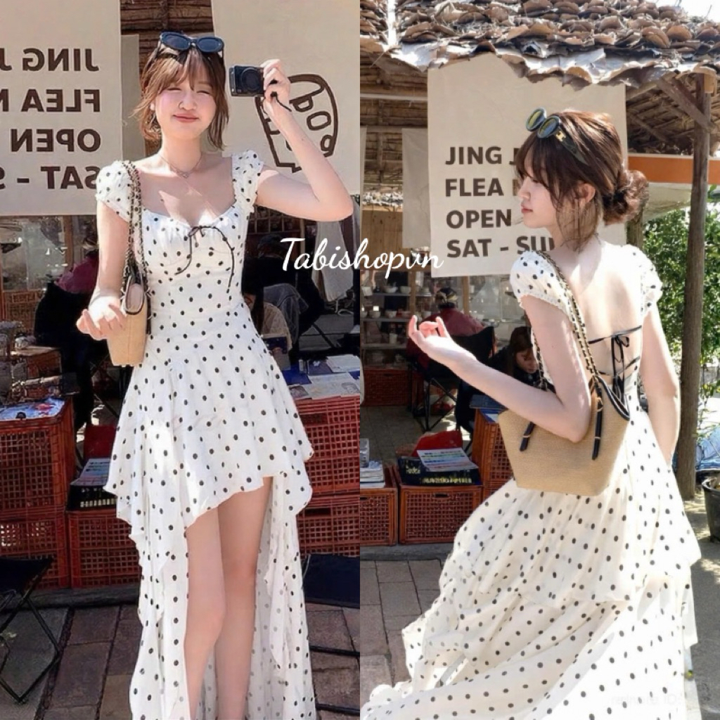 TABISHOP เดรสลายจุดหางปลาเปลือยหลัง แม็กซี่เดรสผู้หญิงดีไซน์แฟนซีสําหรับเที่ยวทะเลคาเฟ่ (297)