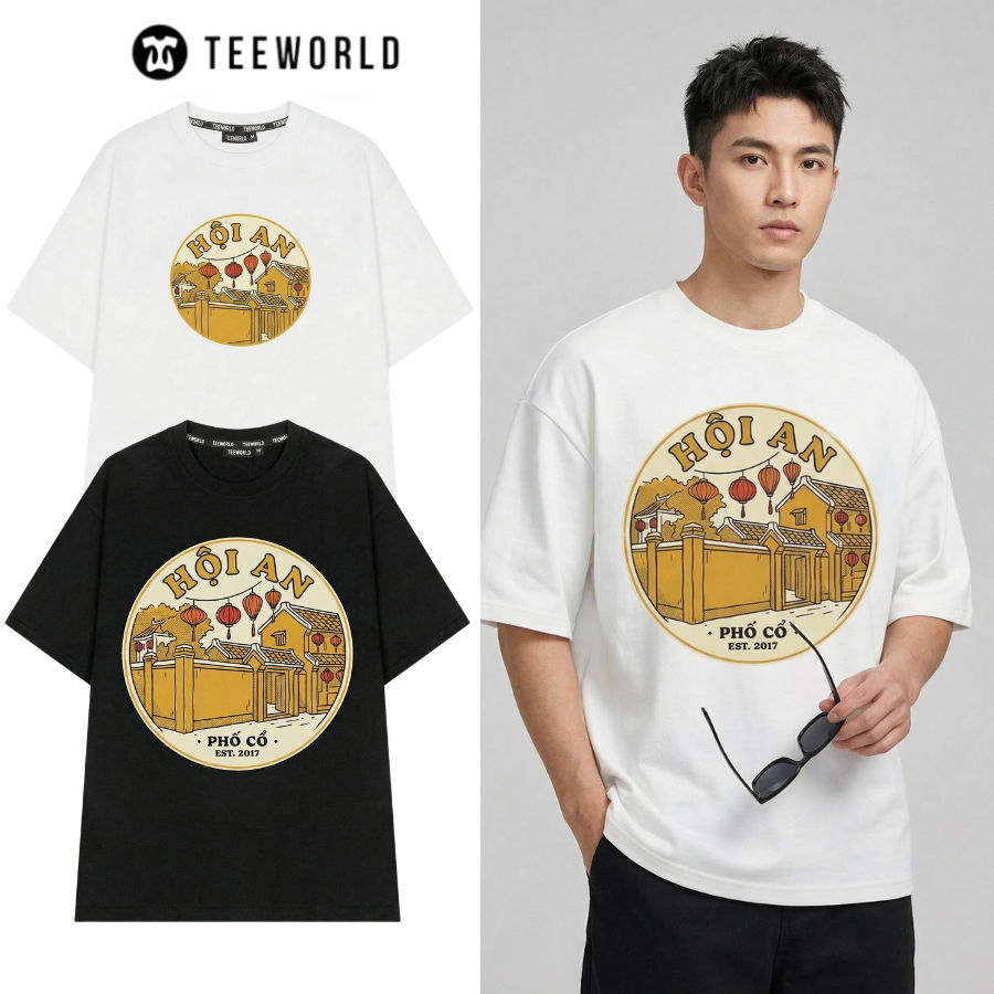 แบรนด์ท้องถิ่น Teeworld HOI AN เสื้อยืดสีดําและสีขาวสําหรับผู้ชายและผู้หญิง Unisex รูปแบบหลวม