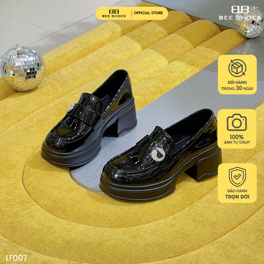 รองเท้าคัทชู รองเท้าโลฟเฟอร์ผู้หญิง หนังแก้ว รองเท้าโลฟเฟอร์หัวกลมพื้นเหลี่ยม สูง 5 เซนติเมตร มีสีดํ