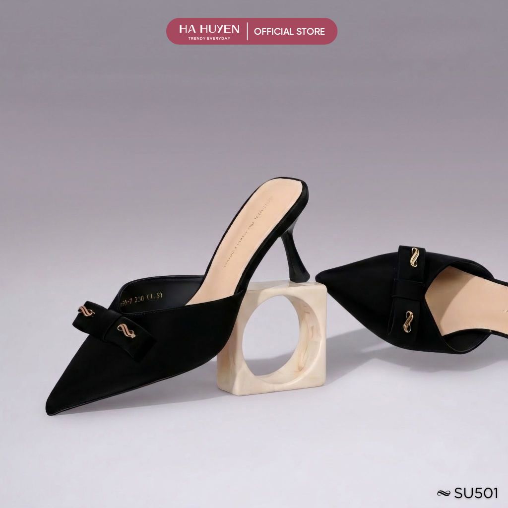 [PREMIUM] HA HUYEN รองเท้าส้นสูงผู้หญิงหัวแหลม หนังด้าน โบว์ ส้นกริช 6 ซม. - SU501