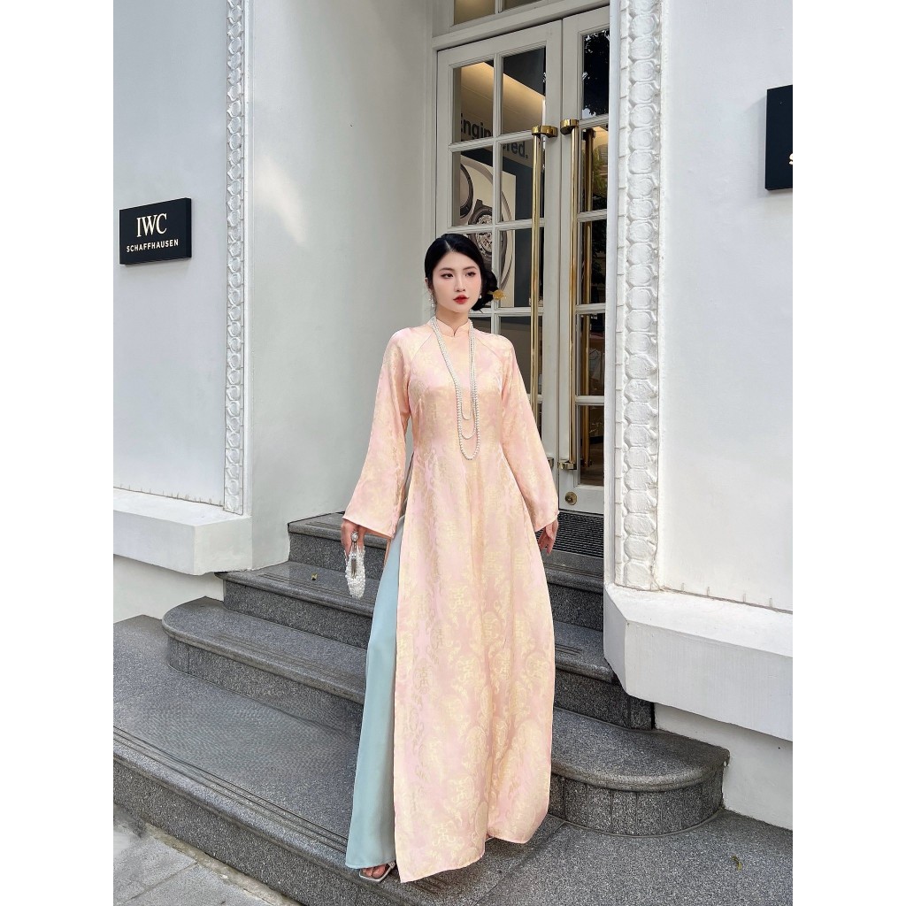 Th Bat Silk Brocade Ao Dai สีชมพูพาสเทล แขนยาวบาน 2 ตัว รหัสหรูสุดๆ - VIP1