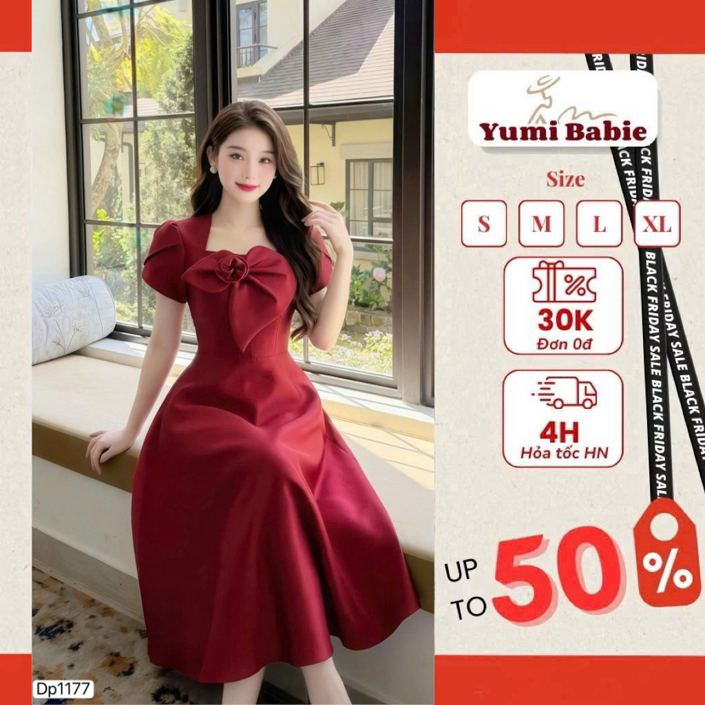 สีแดงหรูหรา DP1177ชุดเดรสคอปกโบว์ครึ่งแขนเหมาะกับสาวๆที่ชอบความสง่างามอ่อนโยน