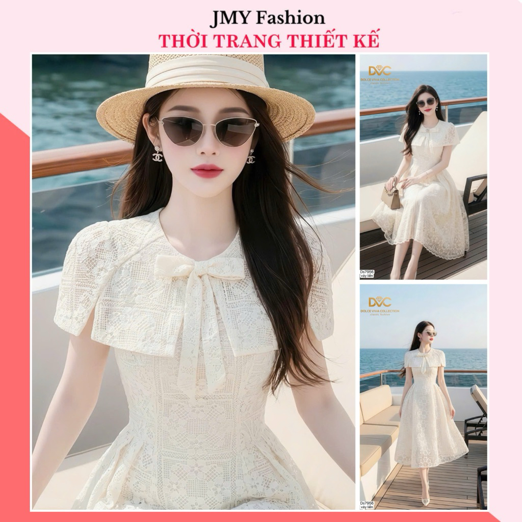 (FIRE) DS7956 เดรสลูกไม้ดอกครีมผู้หญิงคอปกโบว์ปาดไหล่ [Dolce Viva Collection (DVC/ACC)]