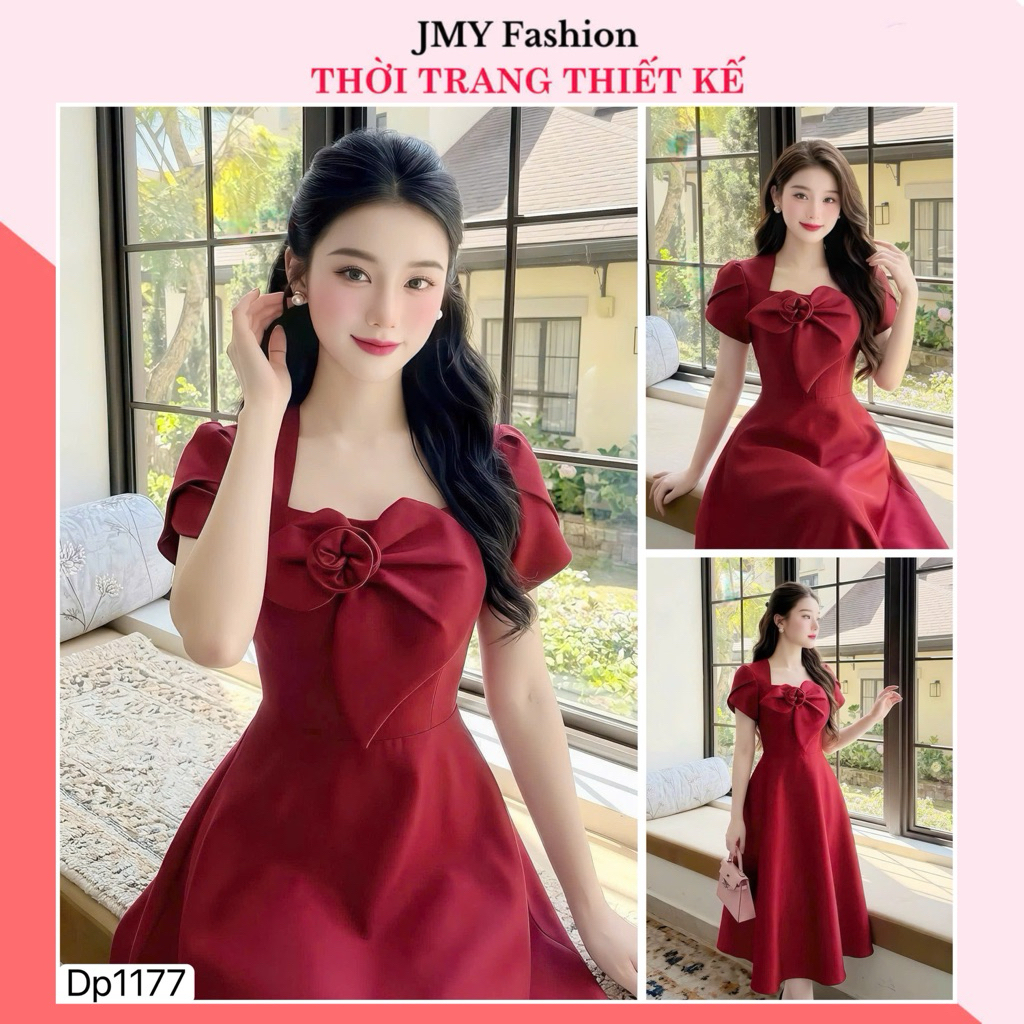 (FIRE) DP1177 เดรสบานแทฟต้าสีแดงดีไซน์คอหัวใจสริลซ์หรูหรา [Dolce Viva Collection (DVC/ACC)]