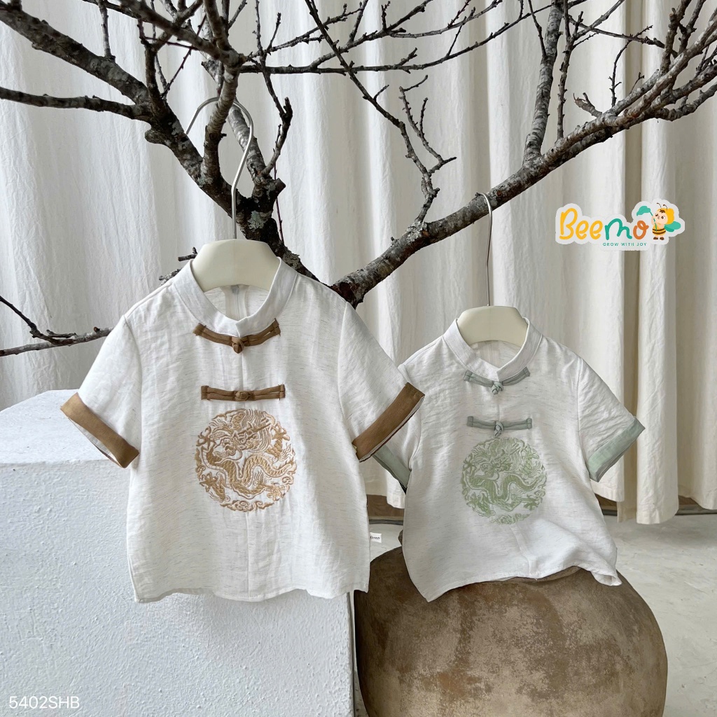 BACH LONG SILK SET ดีไซน์เสื้อเชิ้ตคอปกกระดุมผ้าแบบดั้งเดิม ปักมังกรที่ละเอียดอ่อนและนุ่ม 5402SHB