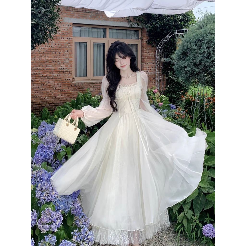 ชุดเดรสยาวคอปกสี่เหลี่ยมและแขนฟูบางเบาผ้าไหมเงาสําหรับปาร์ตี้สวม - [TLV26] นี่ ลี่ แฟชั่น