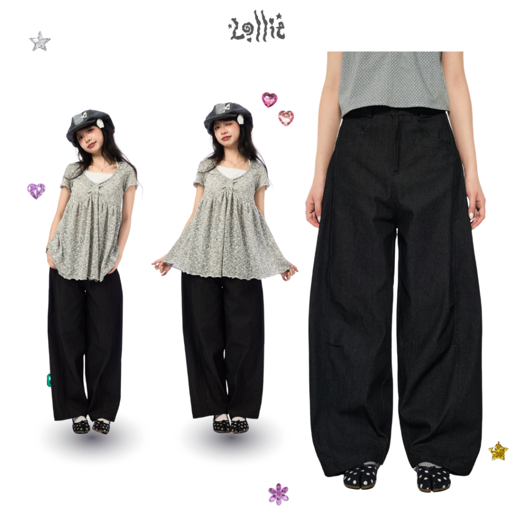 LOLLIE STUDIO - กางเกงผ้าเดนิมขากว้างรูปผู้หญิง Shizu Culottes TCQ54