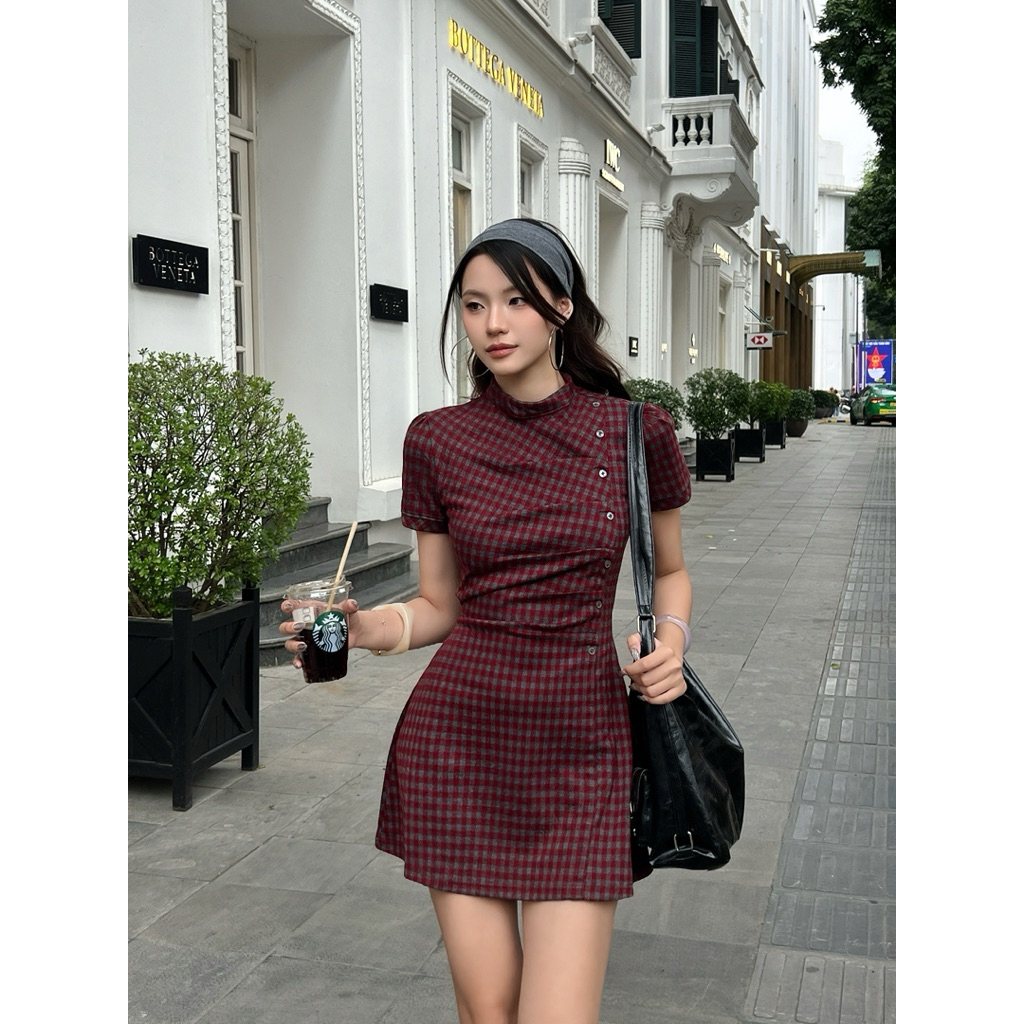 น้ําตาล บดขยี้ - ก-เส้น สีแดงลายสก๊อต เดรสคอรถไฟผูกหลัง ด้านหน้าจับจีบเบาๆ สําหรับใส่ทํางานใส่เล่น - กบฏ ชุด