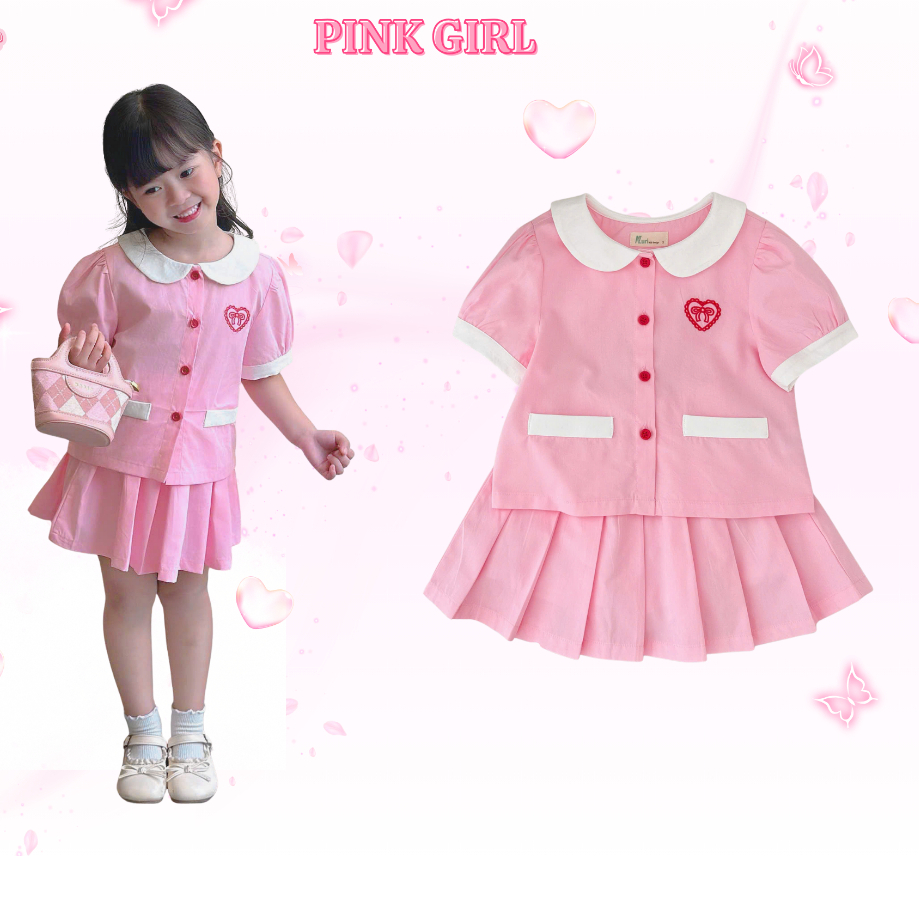 ชุดกระโปรงเด็กผู้หญิงคอปกดอกบัวปัก&กระโปรงจีบสีชมพู AZB607