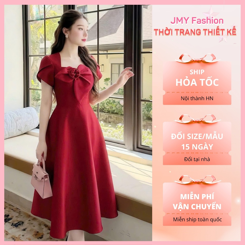 (FIRE) DP1177 เดรสบานแทฟต้าสีแดงดีไซน์คอหัวใจสริลซ์หรูหรา [Dolce Viva Collection (DVC)]