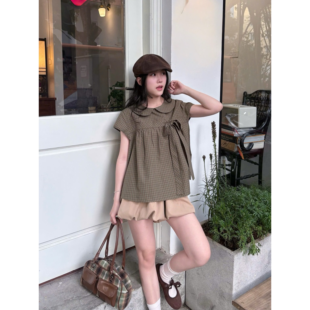 เสื้อเชิ้ตลายสก๊อต babydoll คอปกบัว ผูกโบว์ สําหรับผู้หญิง the.sweather TSW125