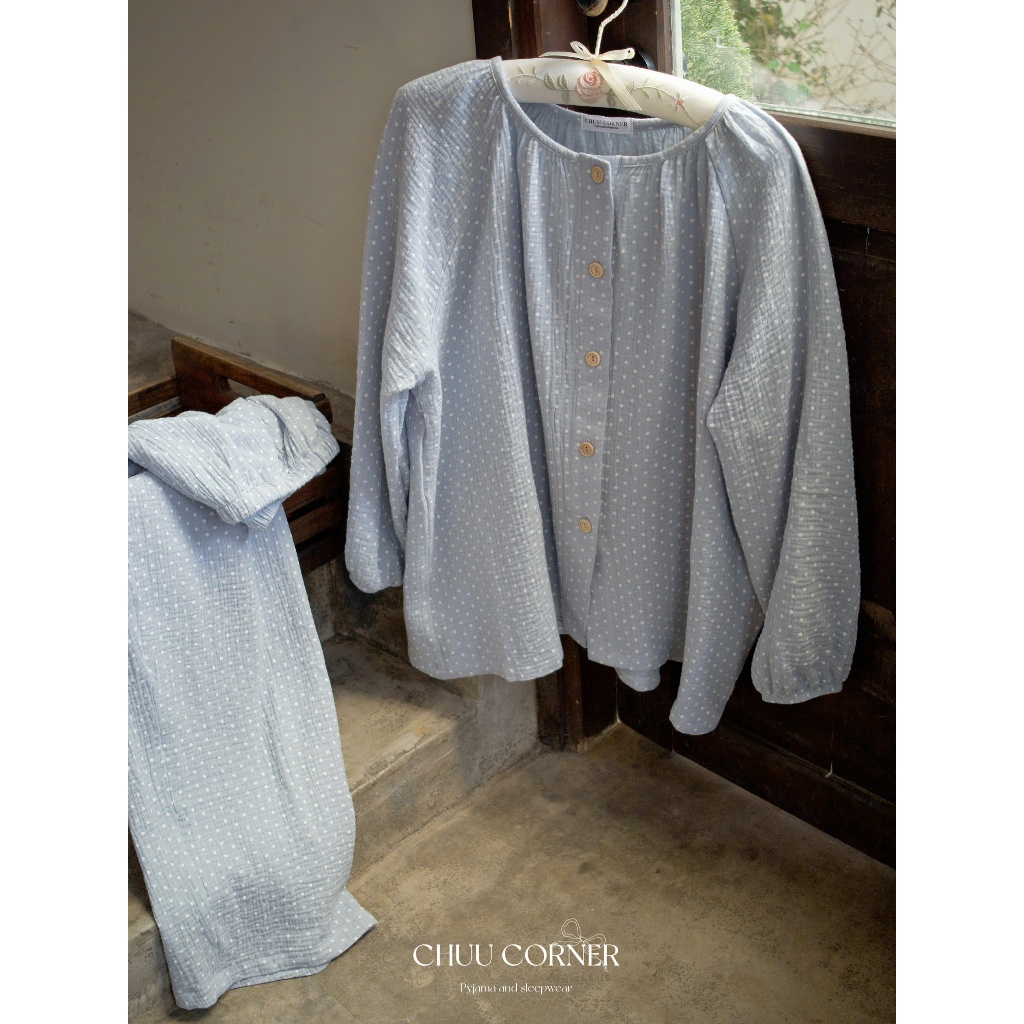 CO0336 Fluffy - ชุดนอนสตรี / ชุดนอน Muslin แขนยาวทรงหลวม