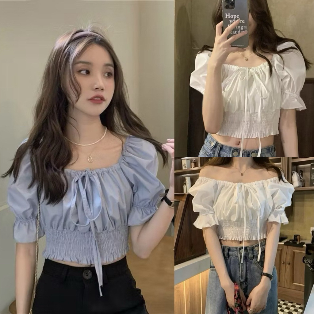 LOVITY K48 เสื้อครอปผ้าชีฟองแฟชั่นฤดูร้อนคอเหลี่ยมผูกโบว์