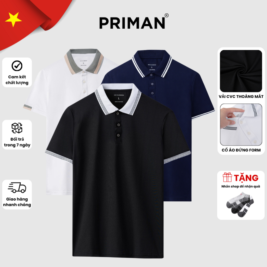 PRIMAN PL3 เสื้อโปโลผู้ชาย เสื้อเชิ้ตแขนสั้นผ้าฝ้ายเย็น เสื้อยืดคอปกคุณภาพสูงที่อ่อนเยาว์และหรูหรา