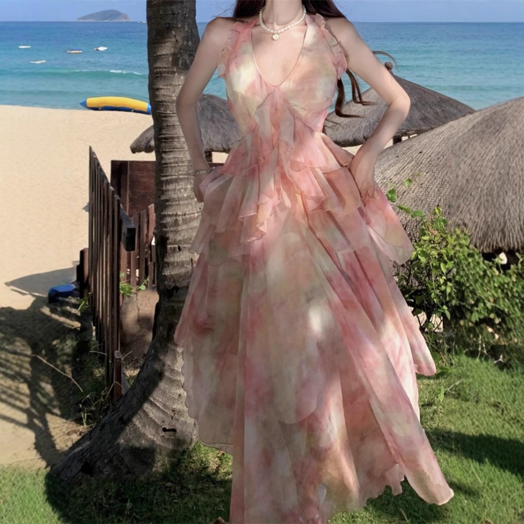 Muse Style Feminine Rose Ruffle Neck Maxi Dress