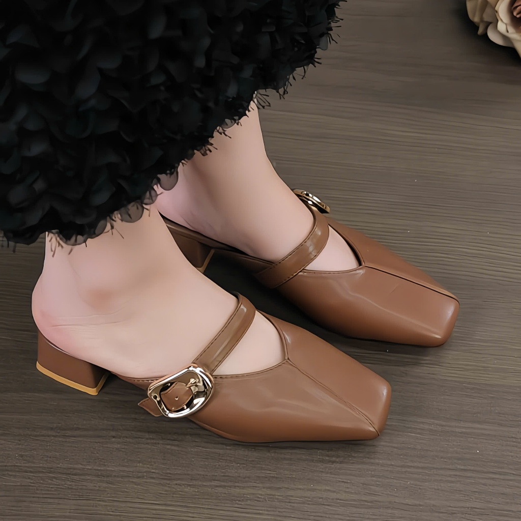 รองเท้าแตะผู้หญิง 3P และ 5P High Square Toe Square Sole Soft Shiny Smooth Banh Beo Shoes รหัส Depsuc