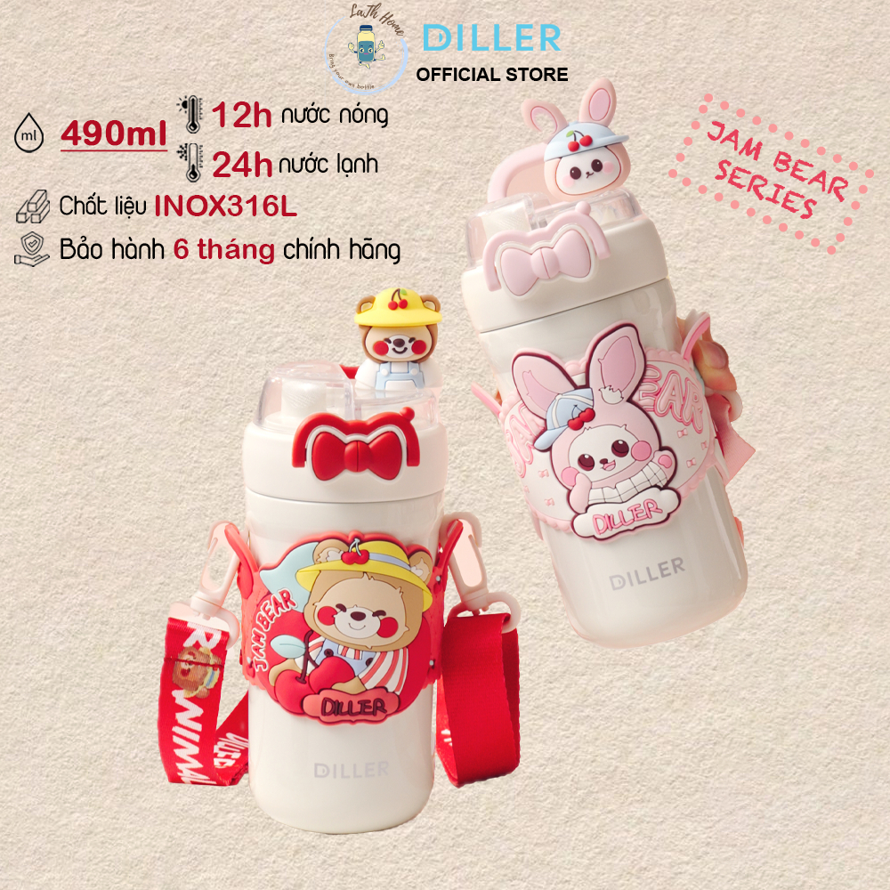 Diller D9363 Jam Bear Thermos Bottle 490ml, Straw, Safety Lock, Strap, 316L Stainless Steel