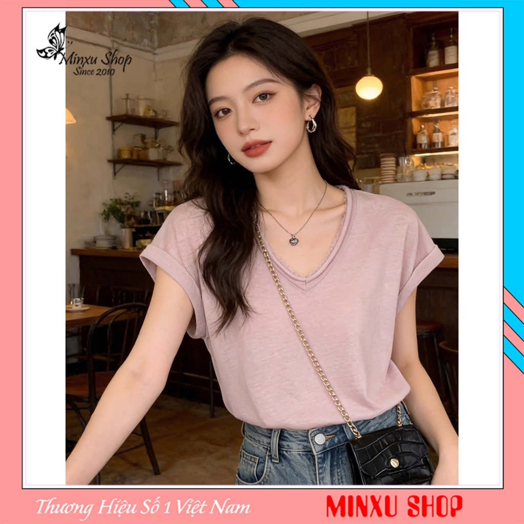 เสื้อยืดผู้หญิงคอวีลูกไม้หรูหรา QC Minxu Shop TH49