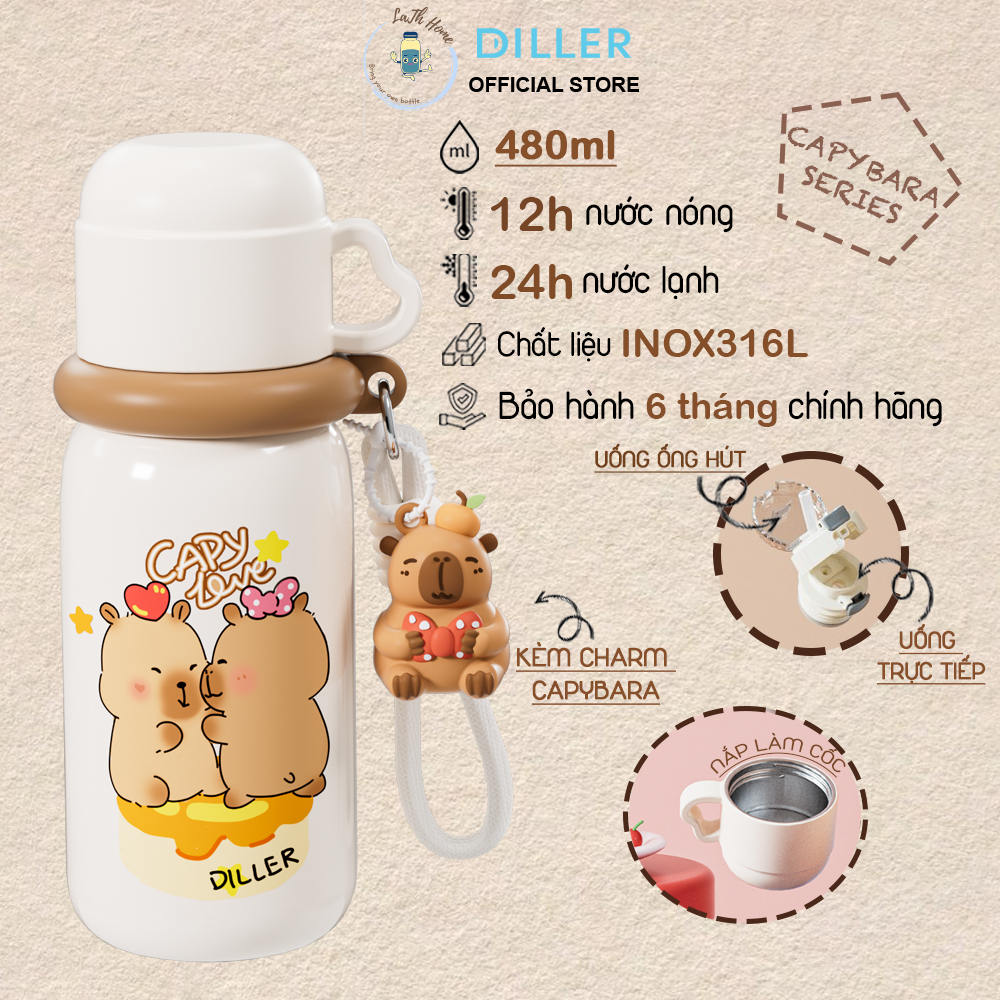Diller D9453 Capybara Thermos Bottle 480ml, Straw, Handle, Strap, 316L Stainless Steel