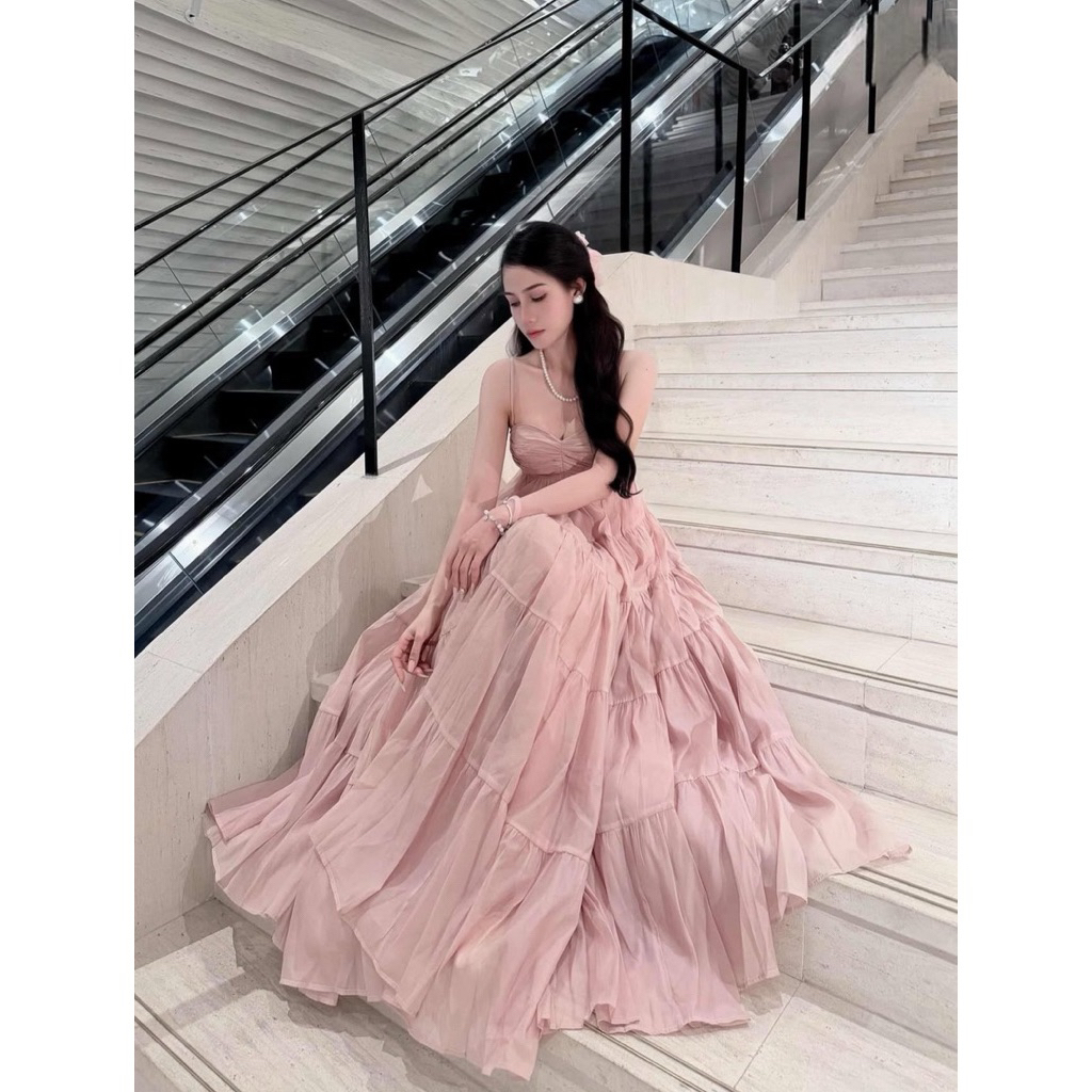 แม็กซี่เดรสผู้หญิงสองสายชั้นชีฟองไหมบาน เดรสทูสายเลดี้มีระดับสําหรับออกนอกบ้าน ชุดสตรี ชุดไปทะเล เดรสใส่เดินผู้หญิง