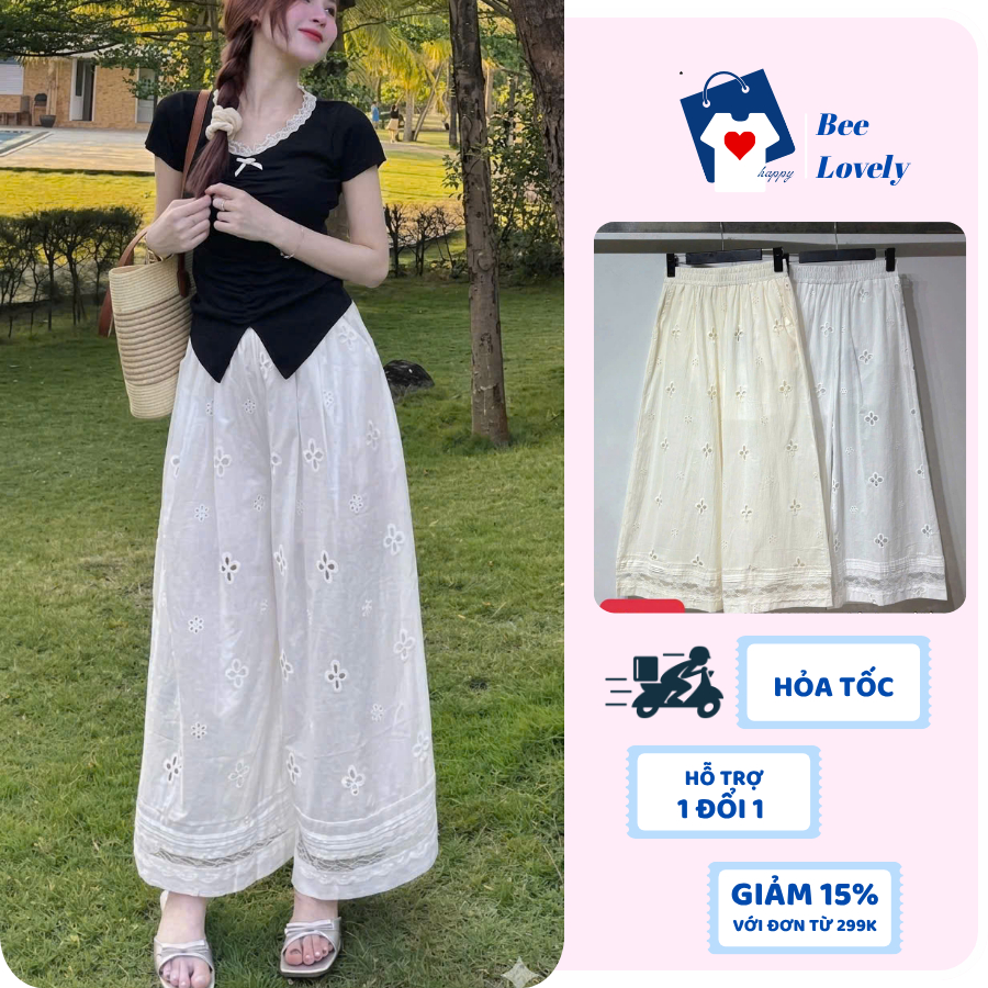 BeeLovely 2-LAYER WIDE-TUBE BOIL FLOWER LACE PANTS