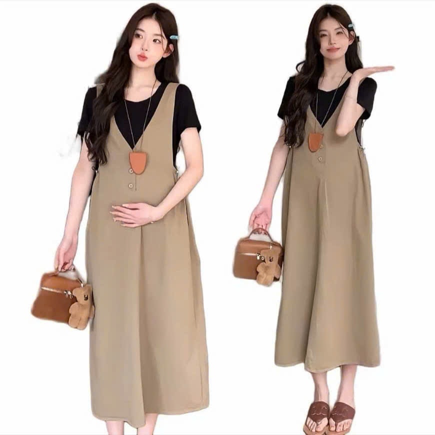 เอี๊ยมคลุมท้องสีกากี ชุดพร้อมเสื้อออฟฟิศผ้าฝ้ายสุดหรูสําหรับคุณแม่ตั้งครรภ์