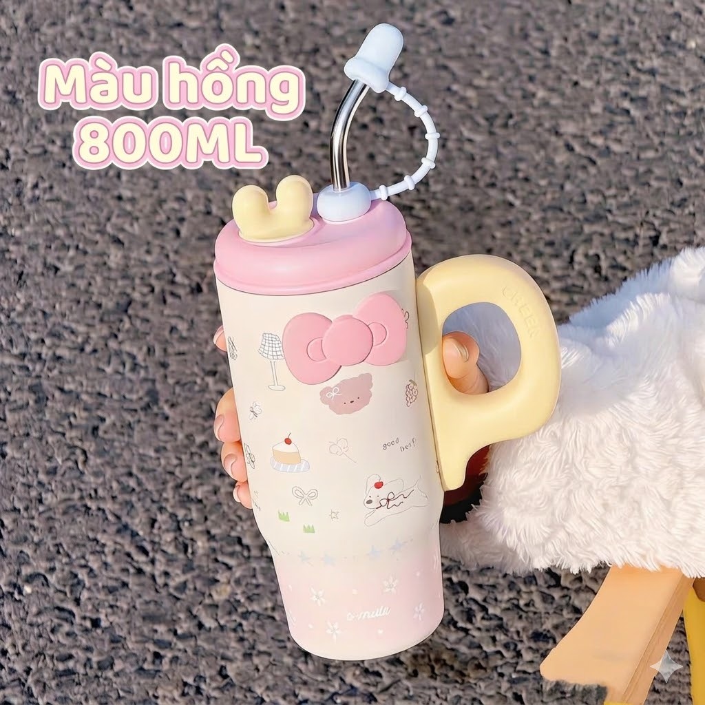 [มีจําหน่าย]Hello Kitty Thermos Bottle 800ml Ceramic Coated พร้อมหลอดสแตนเลส 316 น่ารักเป็นของขวัญสํ