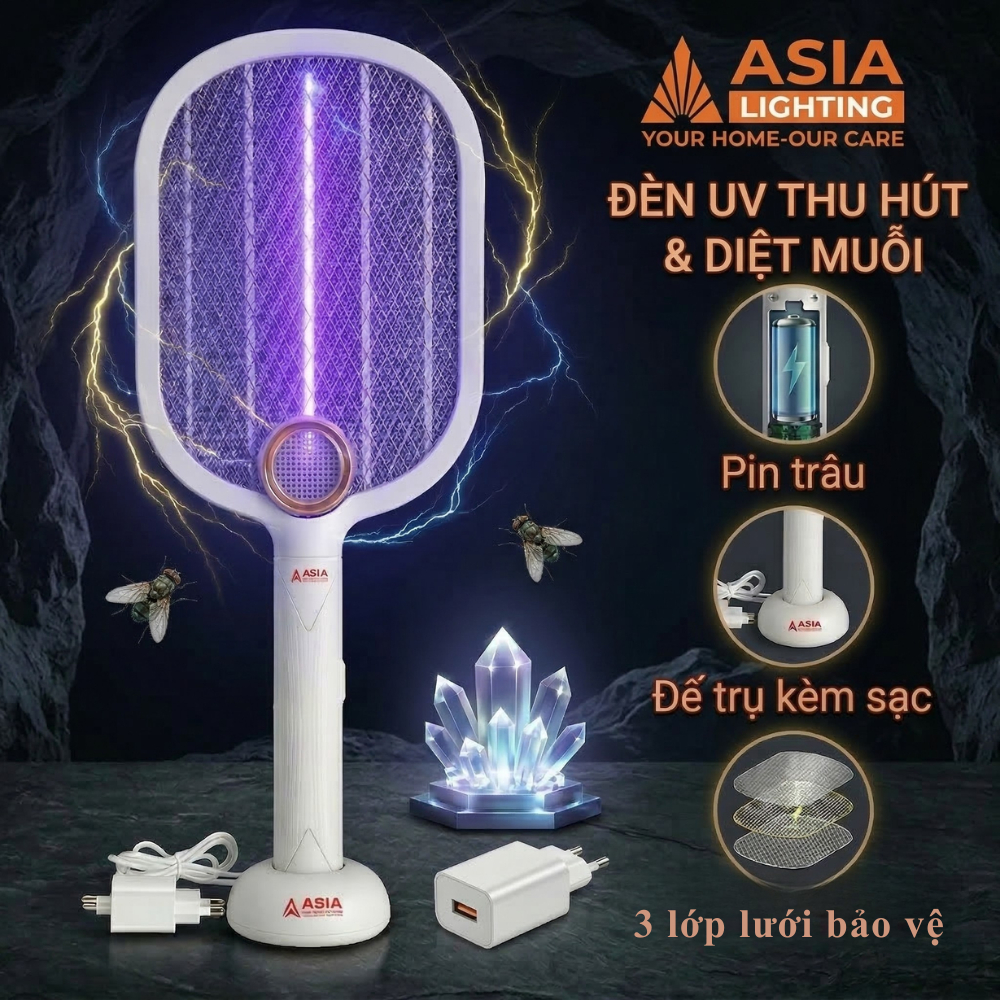 ASIA Lighting ไม้แบดมินตันไฟฟ้า 2in1 – เครื่องจับยุงอัตโนมัติ, ตาข่าย 3D, ฐานชาร์จ, เซ็นเซอร์แสง