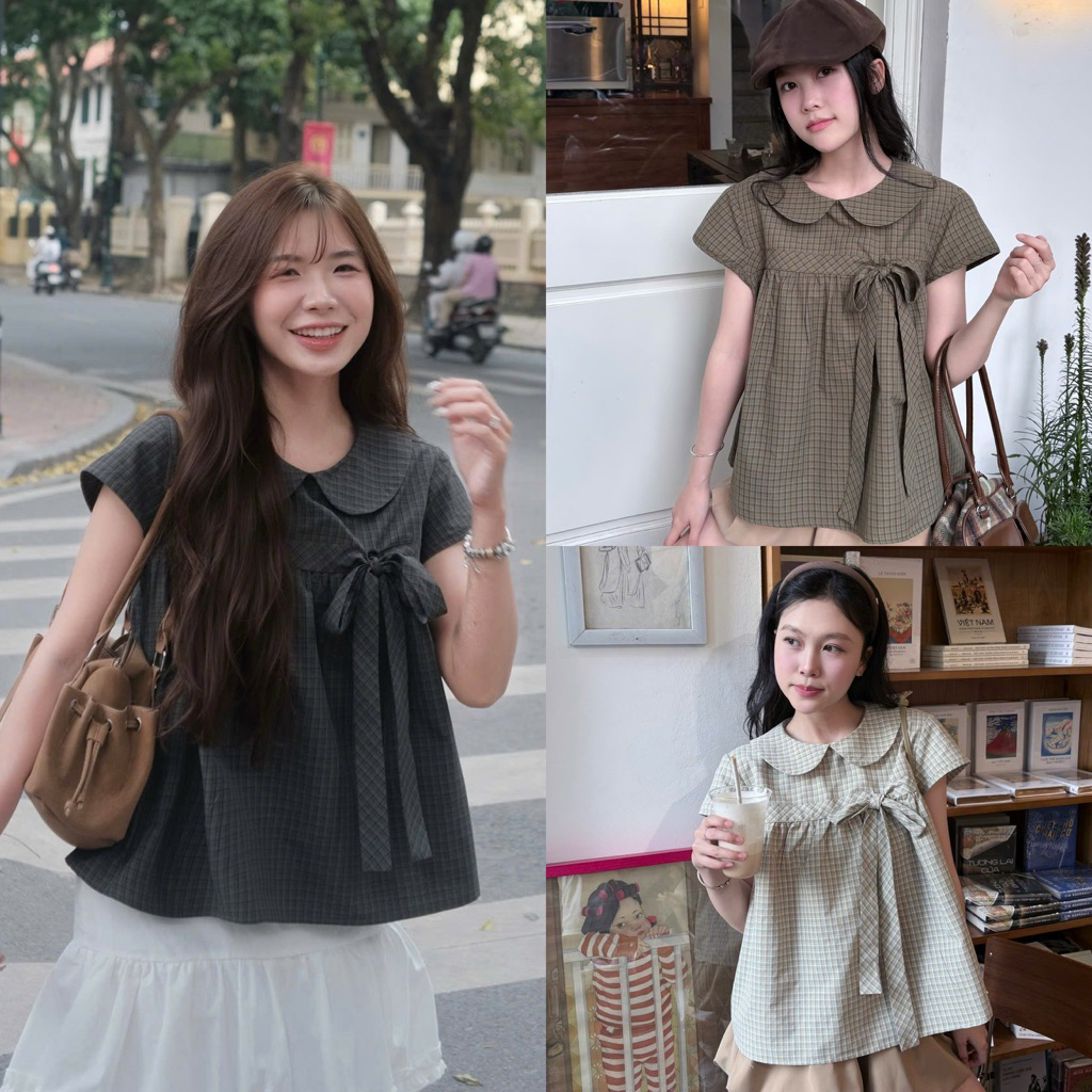 เสื้อเชิ้ตลายสก๊อต babydoll คอปกบัว ผูกโบว์ สําหรับผู้หญิง the.sweather TSW