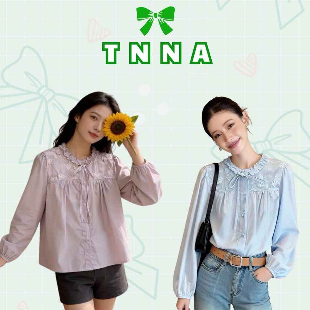 TNA_Womens Babydoll เสื้อดอกไม้เย็บปักถักร้อยรอบคอ Ruffled Puff Sleeves – เสื้อเกาหลีอ่อน Freesize