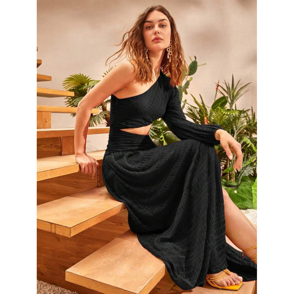 Shein Shein | มีเสน่ห์ แมกซี่ สีดําเปิดไหล่มาตรฐานรีสอร์ทหรูหรา