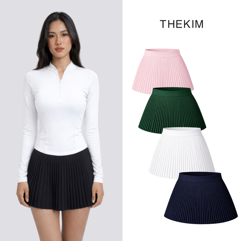 THEKIM กระโปรงพลีทกีฬาผ้าเบาโปร่งกระโปรงสั้นจีบเล็กพร้อมกางเกงกันรอย S393