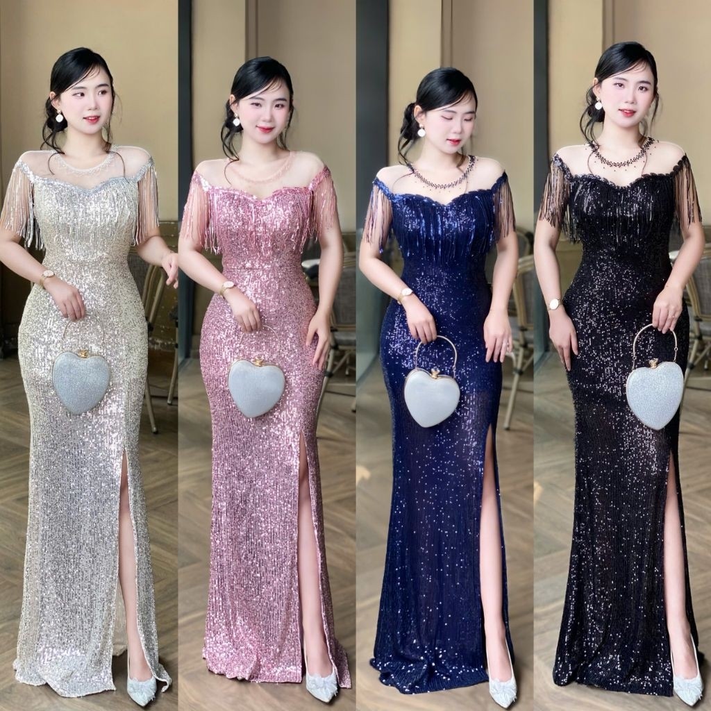 SA Tko ชุดราตรีพู่หางปลาตาข่ายคอผ่าต้นขา